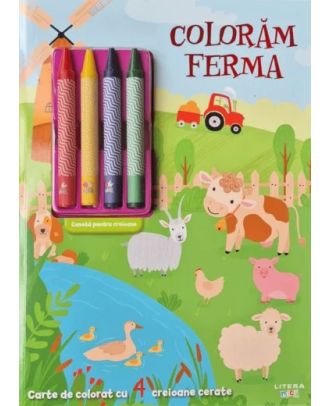 Coloram ferma. Carte de colorat cu 4 creioane cerate